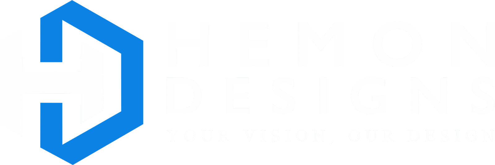 White Hemon Designs logo with blue HD monogram and slogan on black background